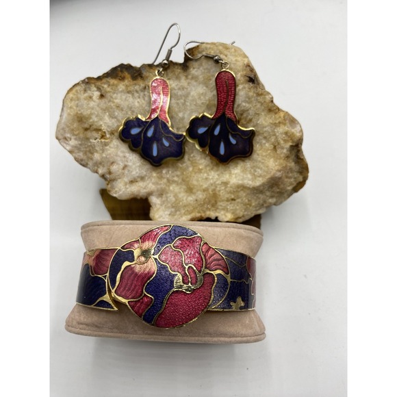 Vintage Enameled Cloisonne Style Bracelet with Hinged Band 6.5" & Earrings 1.75" - Picture 1 of 12
